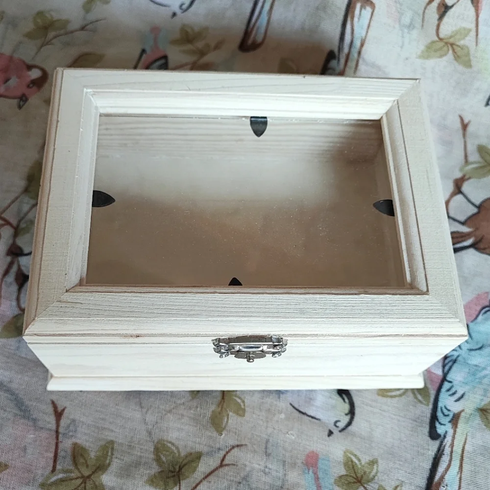 Raw Wood Unfinished Wooden Wood Jewelry Craft Stash Box Glass Lid Photograph NEW